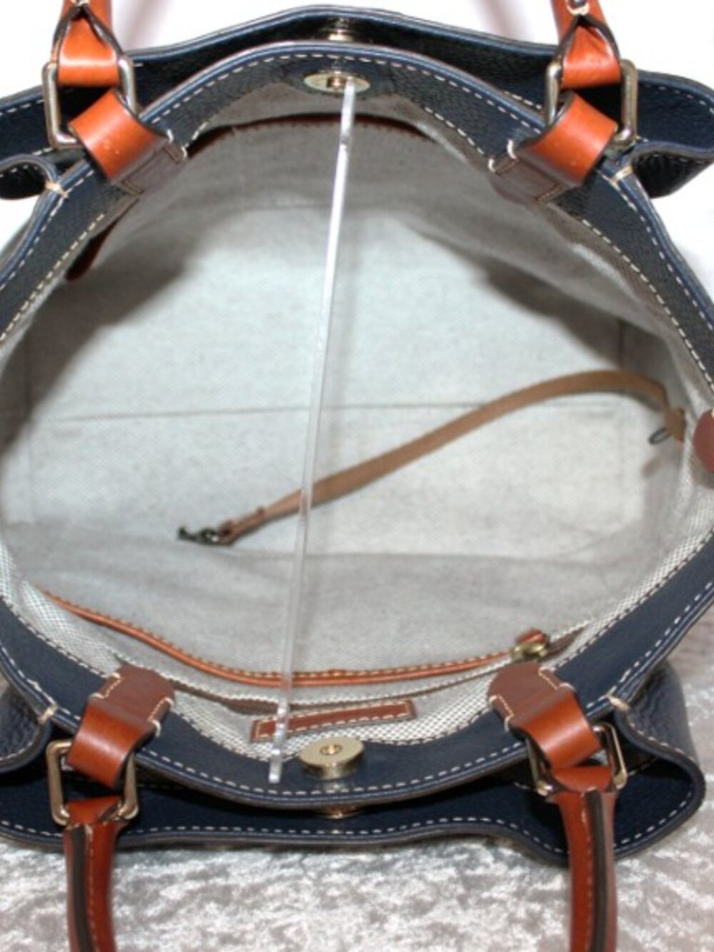 Dooney & Bourke Pebble Grain Leather Satchel Navy & British Tan Crossbody Bag - Picture 6 of 11
